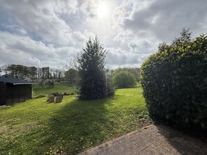 Ein Rasen mit einem Holzshed, einem Baum und einer Hecke.