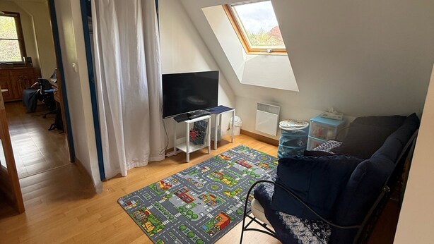 Una habitación con techo inclinado, tragaluz, televisor sobre un mueble bajo, alfombra estampada y sofá azul.