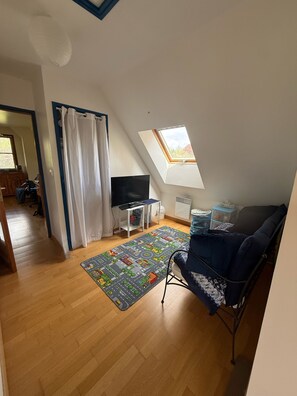 Ein Zimmer mit schrägem Dach, einem Oberlicht, einem Fernseher auf einem Ständer, einem gemusterten Teppich und einem blauen Sofa.