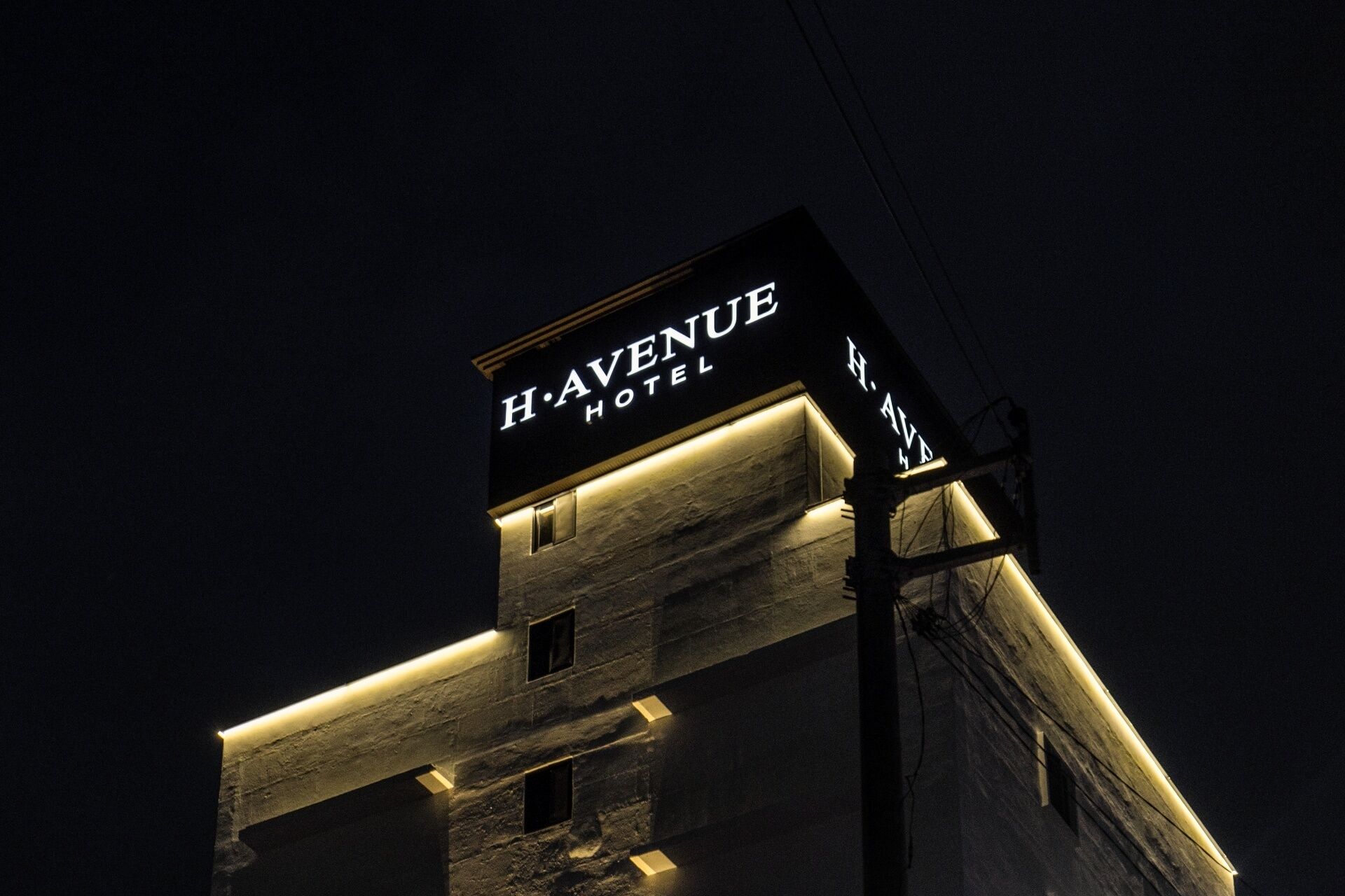 A hotel sign with the name 'H. AVENUE HOTEL' illuminated against a dark sky.