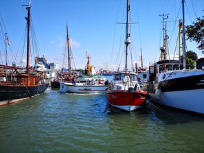 Un port de plaisance où sont amarrés de nombreux bateaux, avec un ciel dégagé et une surface d’eau calme.