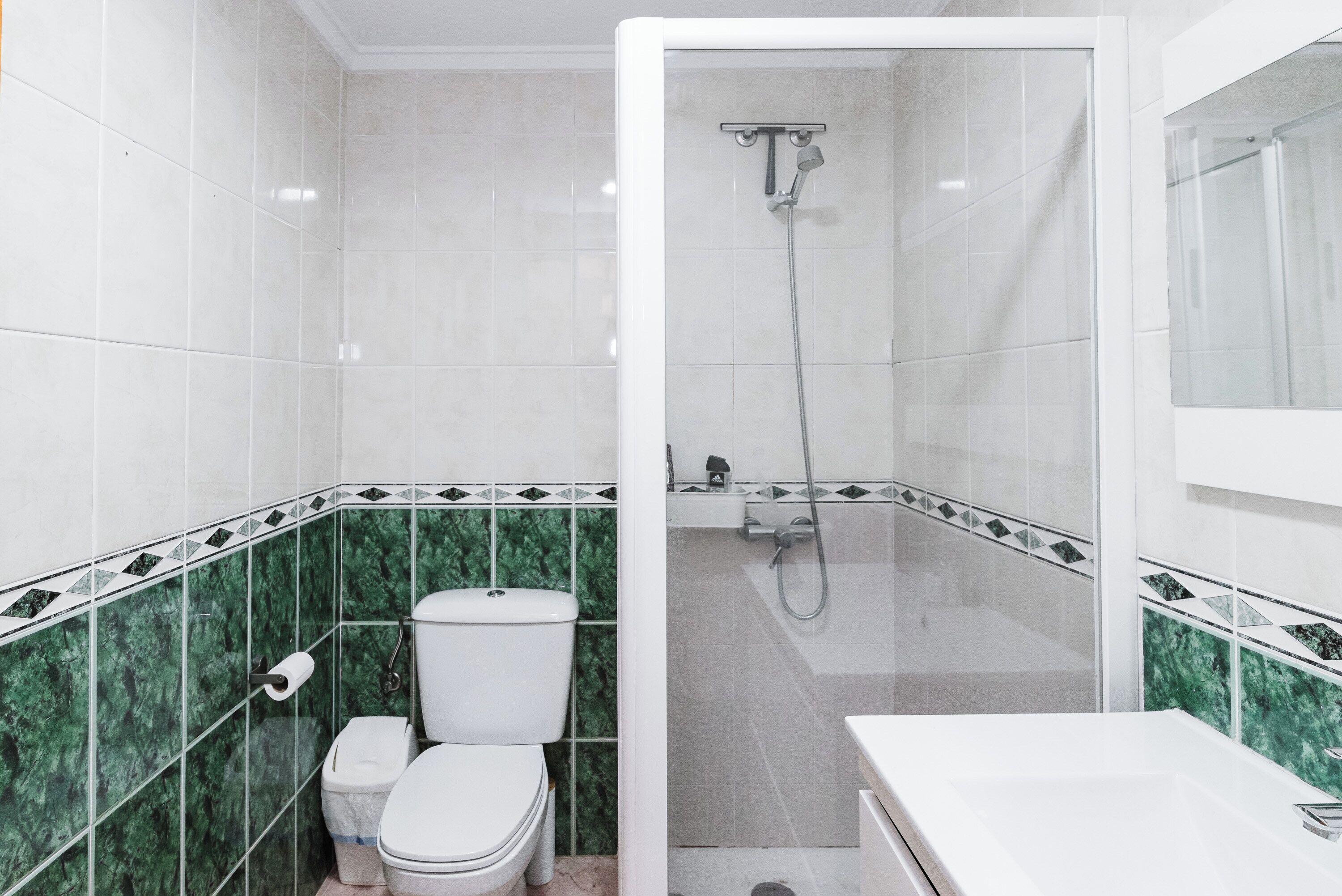 A bathroom with a toilet, shower, and sink.