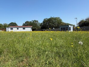 A grassy field with a white building and a small shed.