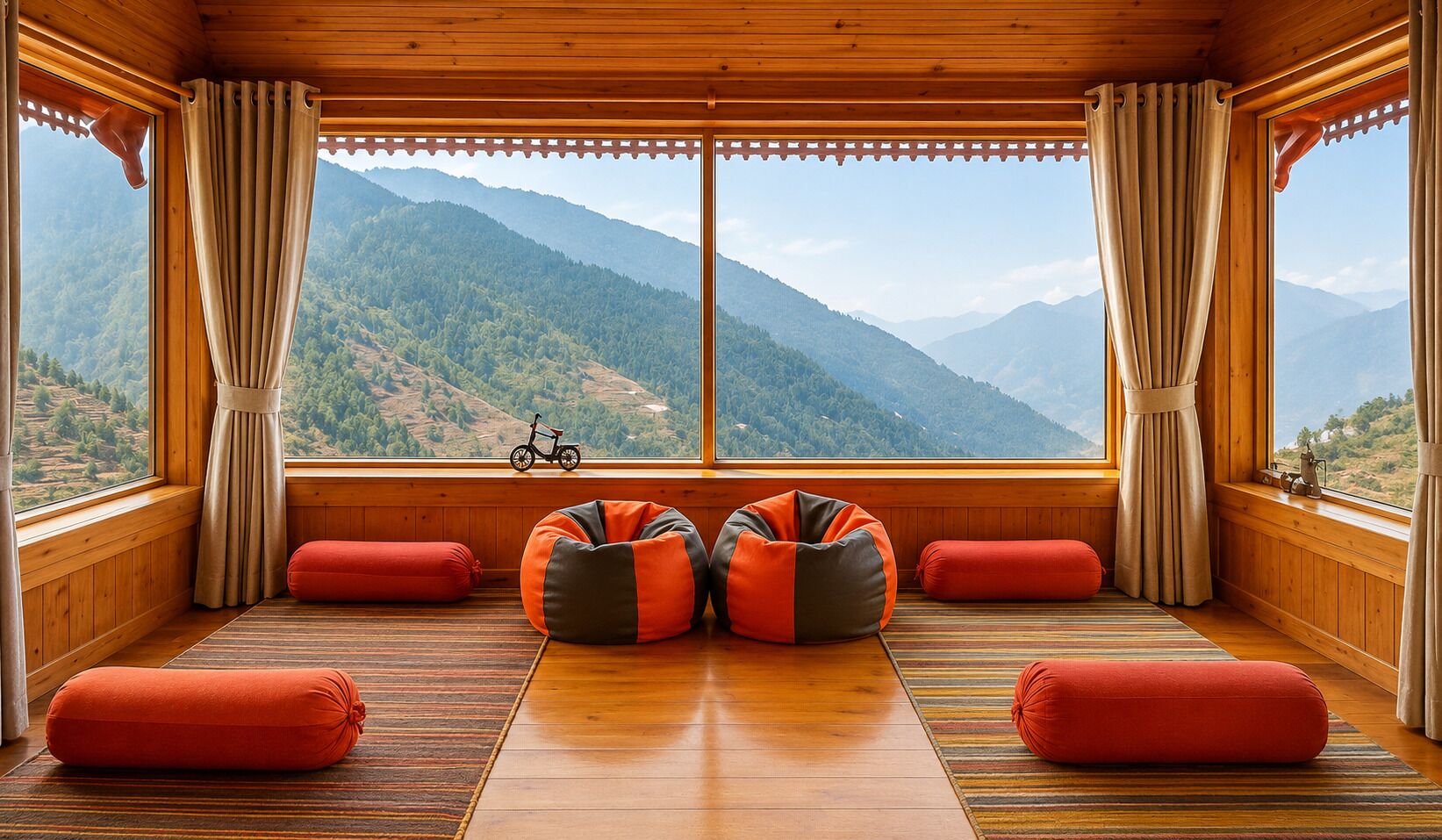 A room with a wooden floor, large windows, and a view of mountains.