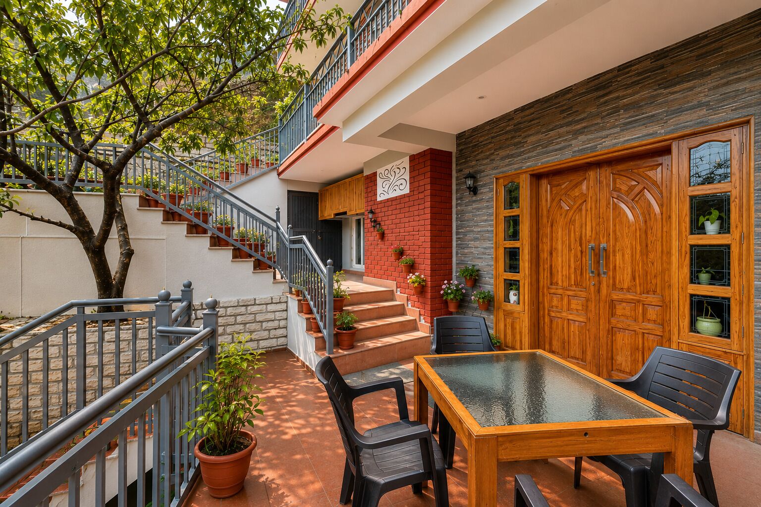 A residential property with a staircase leading to a balcony, a wooden door with glass panels, and a table with chairs outside.