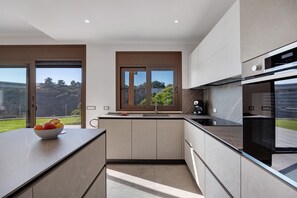 A modern kitchen with a large island, a Bosch oven, and a view of the outdoors.