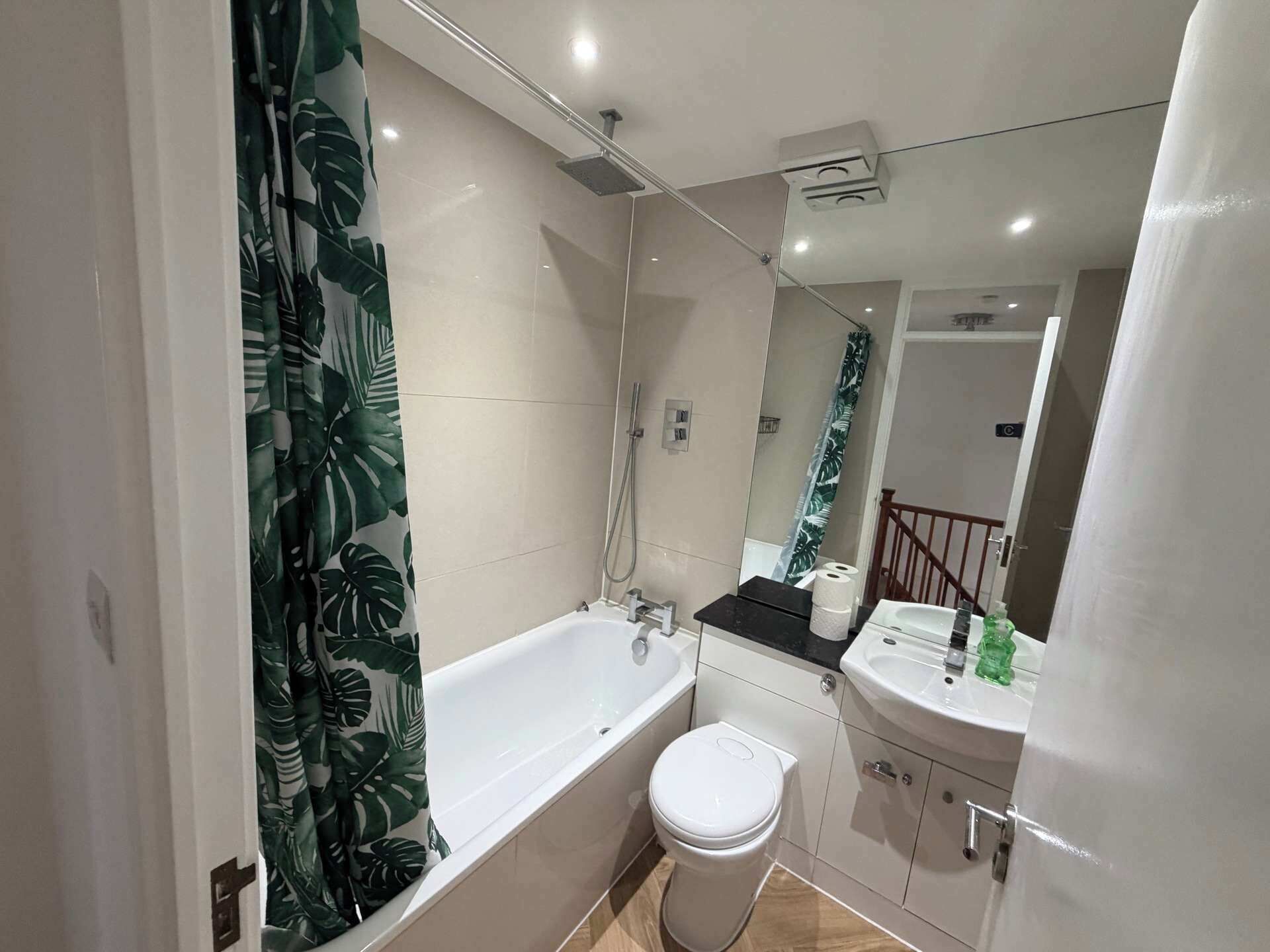 Shower, hair dryer, shampoo