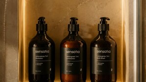 Three bottles of Sensatia products in a glass display case. - Tepa Menep Villa (Ngaglik)
