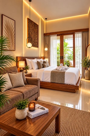 A modern hotel room with a large bed, a sofa, a coffee table with a book, and a view of greenery outside. - Tepa Menep Villa (Ngaglik)