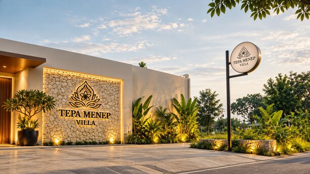 A modern villa with a stone facade and a sign reading 'TEPA MENEP VILLA'. - Tepa Menep Villa (Ngaglik)