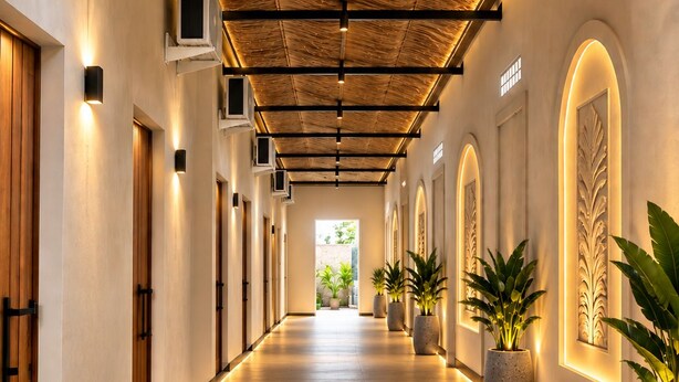 A corridor with a thatched ceiling, air conditioning units, and potted plants. - Tepa Menep Villa (Ngaglik)