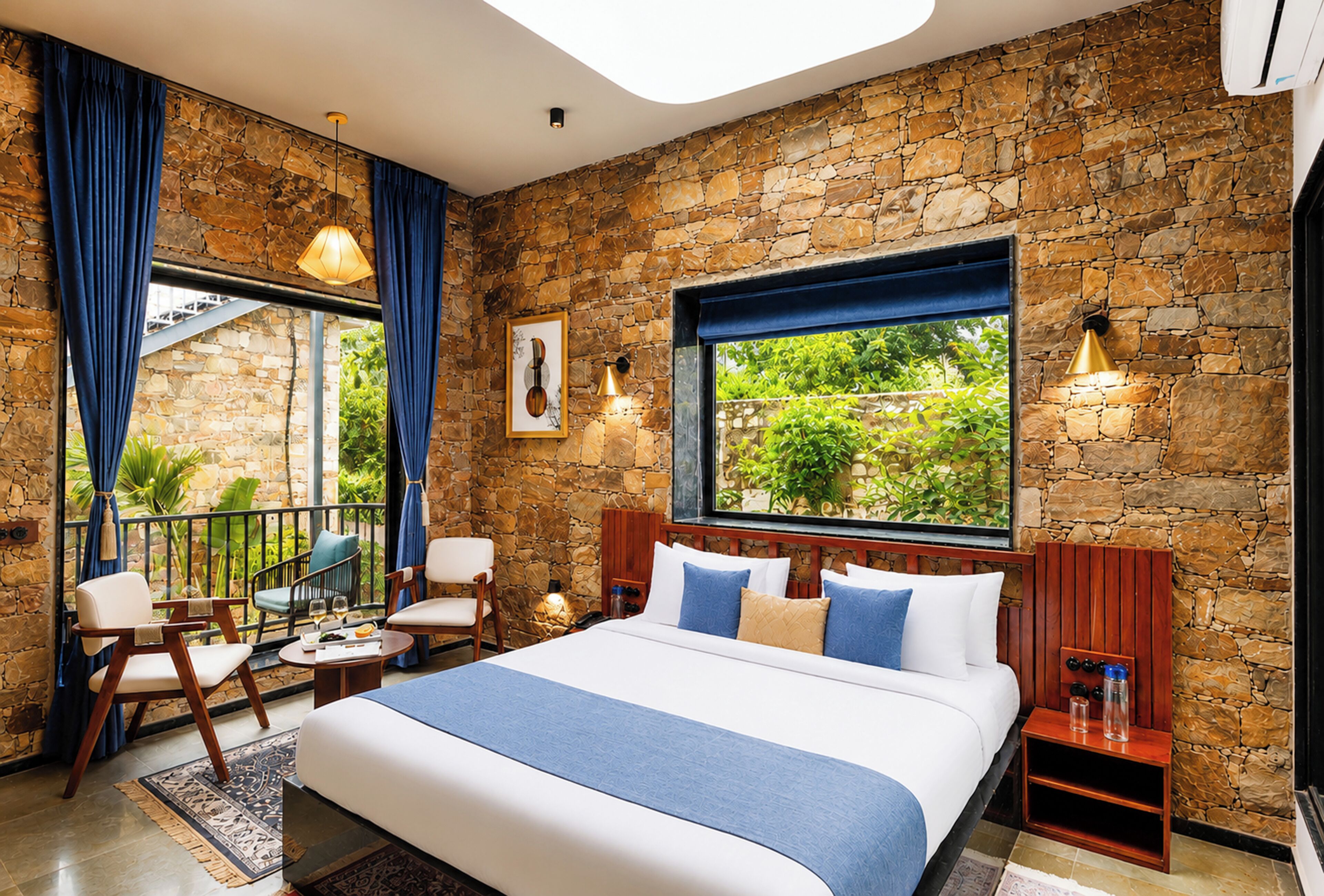 A hotel room with a large bed, a balcony with chairs, a stone wall, and a view of greenery.