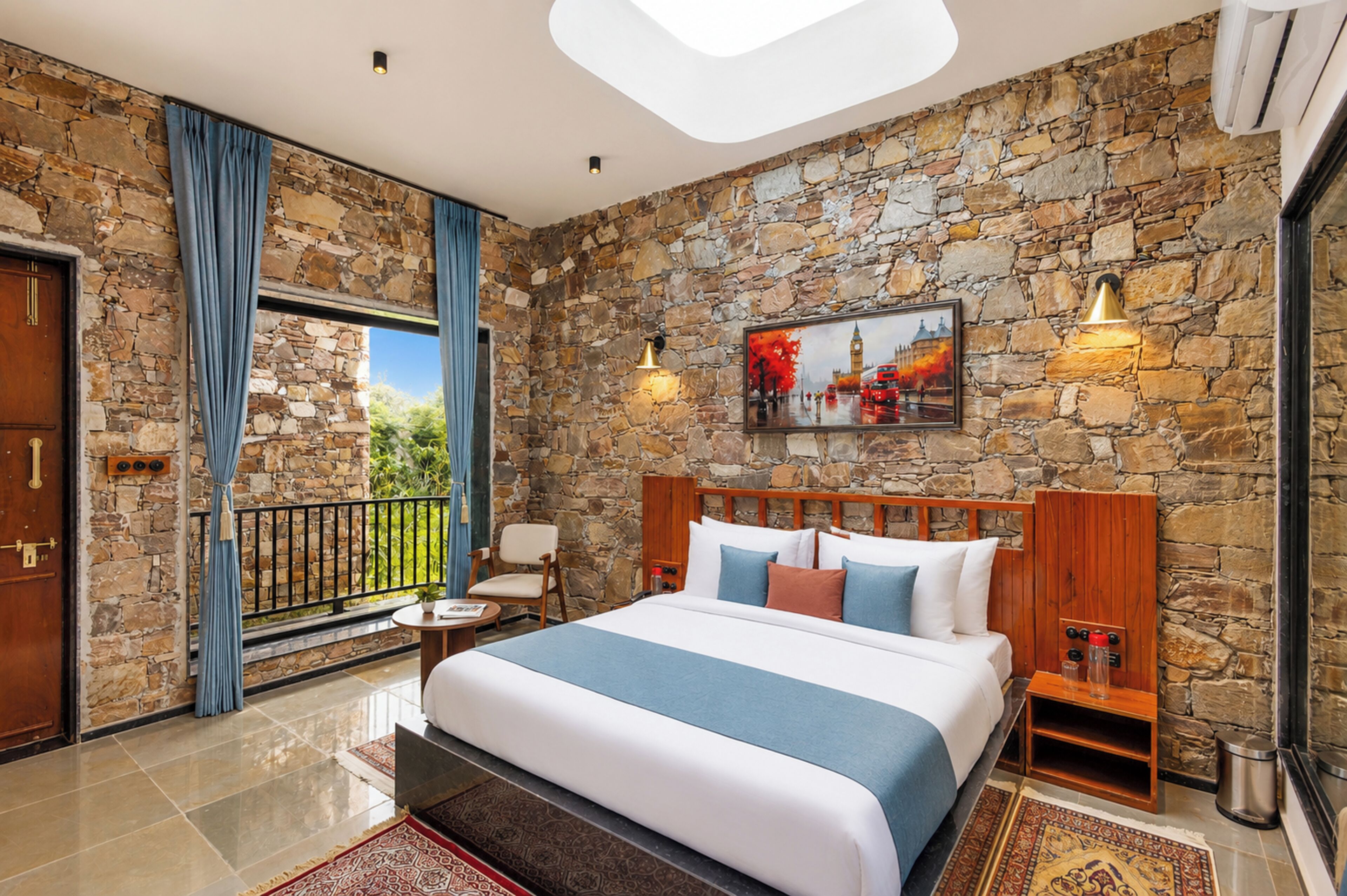 A hotel room with a stone wall, a bed with a blue and white bedspread, a painting of a cityscape, and a balcony with a view of greenery.