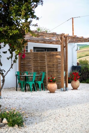 An outdoor seating area with a pergola, a table with chairs, and two large flower pots.