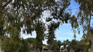 A paved driveway leading to a gated entrance with a vehicle parked inside. - Casa Carla Andalucia, Cabra, El Torcal (Almogía)