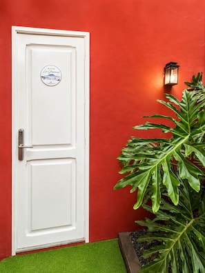 A white door with a room sticker, a potted plant, and a wall-mounted light fixture.