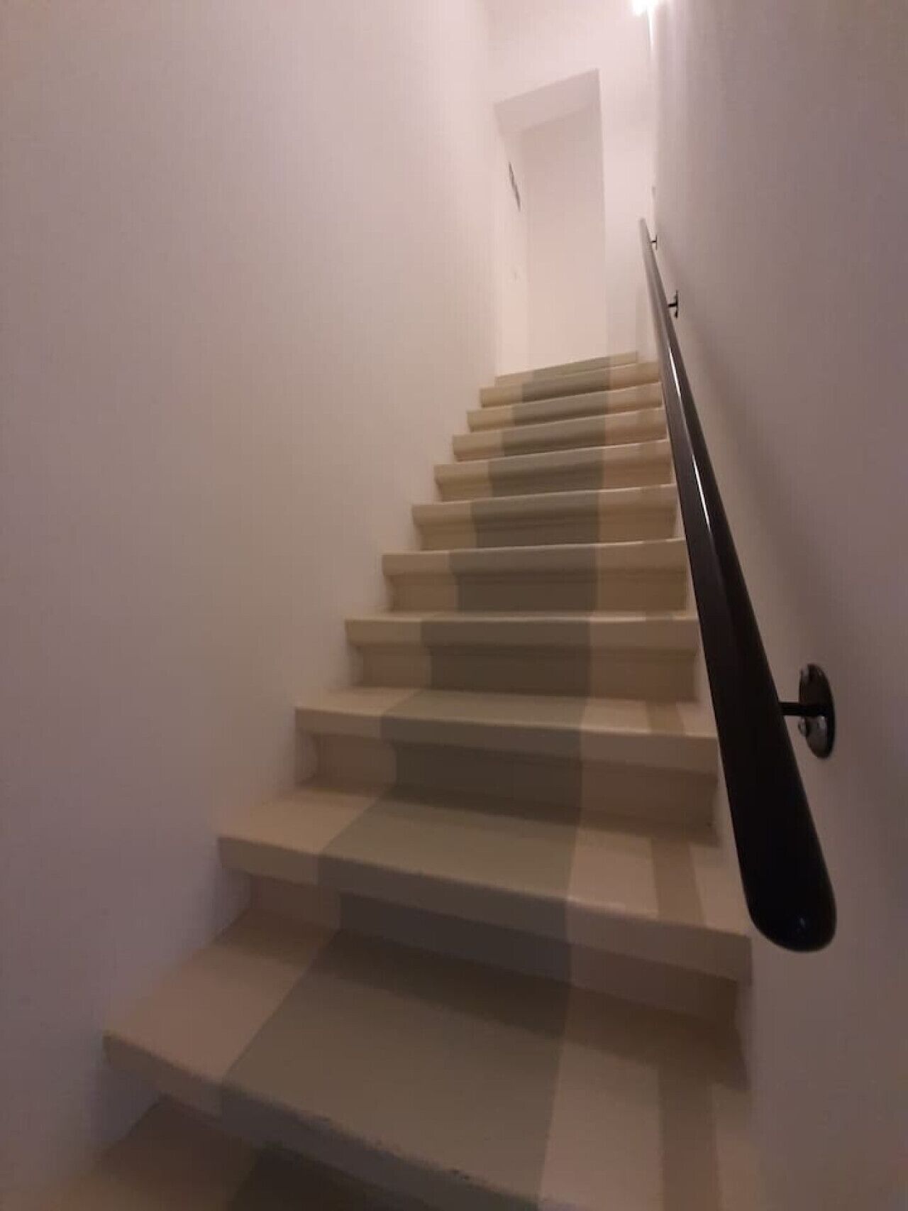 Un escalier avec une main courante sur le côté droit, menant à une porte située en haut.
