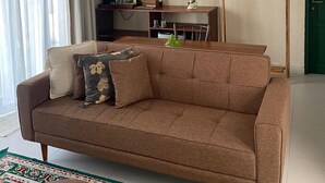 A living room with a brown sofa, a hanging rattan light fixture, a ceiling fan, and a green door.
