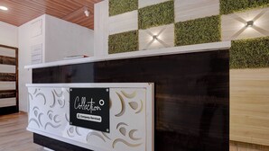 Ein Empfangsschalter mit Schwarz-Weiß-Design, einer Firmenbeschriftung und einer Decke mit Holzpaneelen und Grünpflanzen.