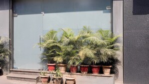 A building entrance with a closed metal shutter, potted plants, and a concrete step leading up to the entrance. - Collection O Asalpha Metro Station (Mumbai)
