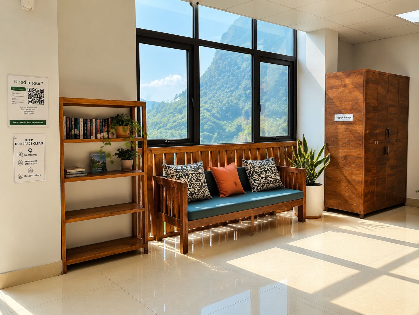 A room with a wooden bench, a bookshelf, a luggage storage cabinet, and a large window with a mountain view.