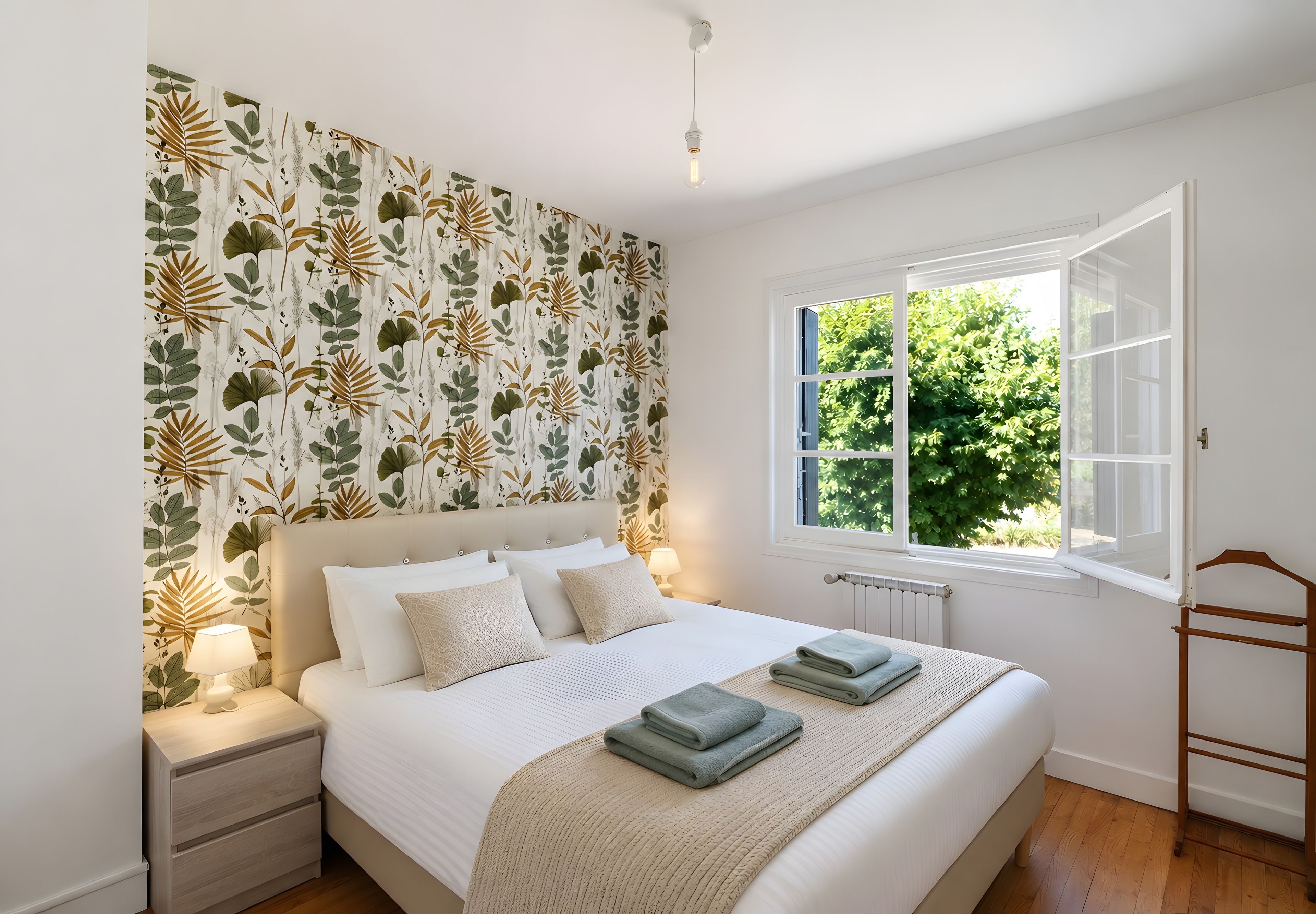 Ein Schlafzimmer mit Bett, Nachttischen, einem Fenster mit Blick auf Grünflächen und einer Heizung.