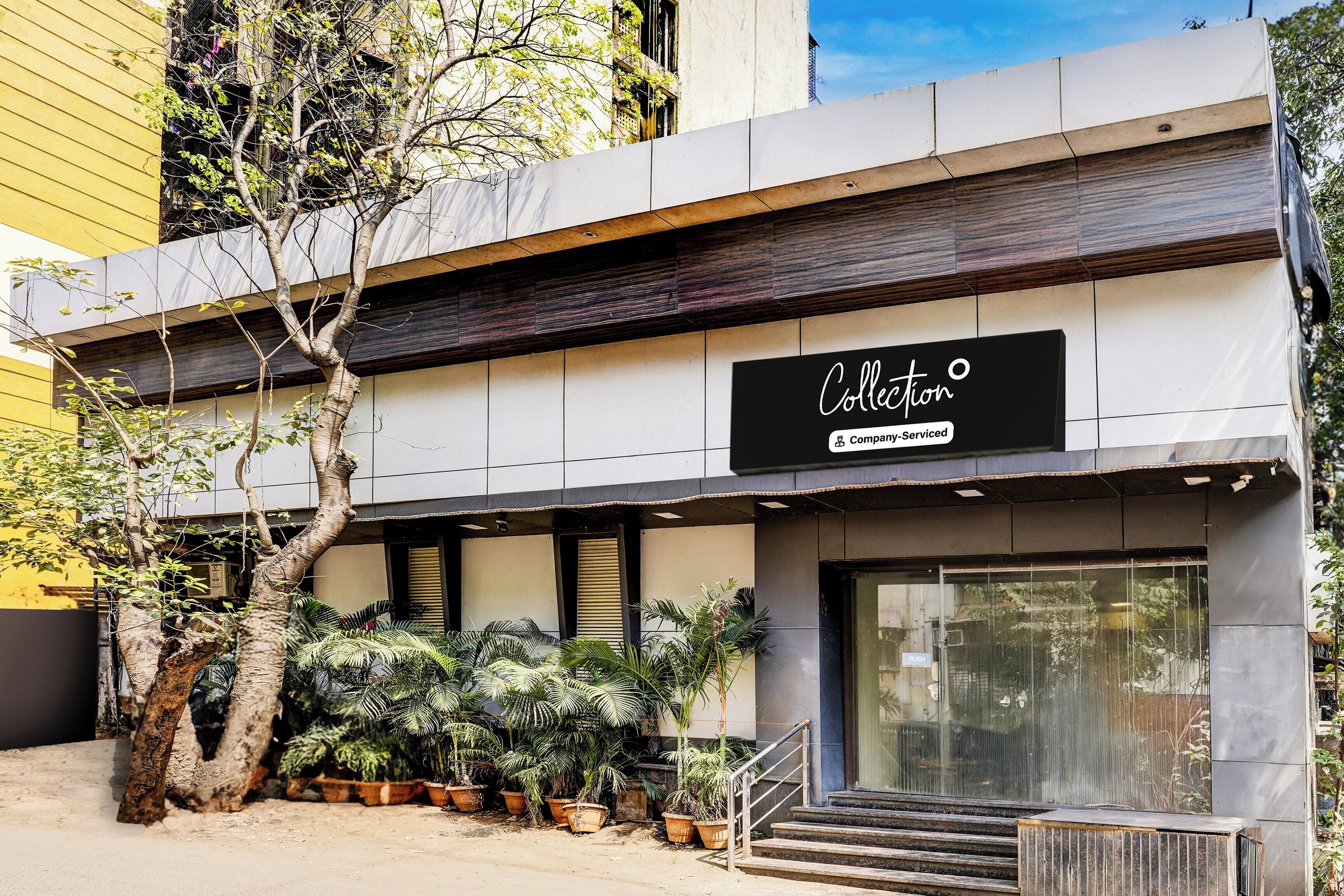 Un edificio con un letrero que dice 'Collection' y 'Company-Served'. Hay escalones que llevan a la entrada, y plantas en macetas están colocadas afuera.