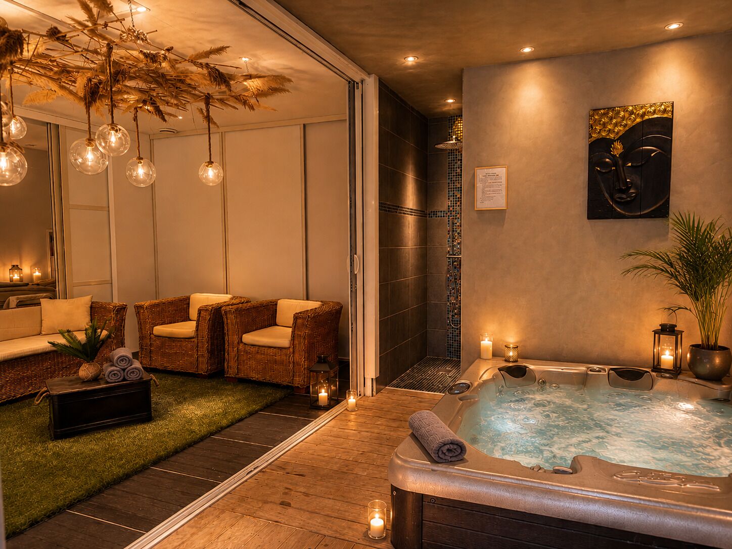 A spa area with a hot tub, wicker chairs, a massage table, and a wall-mounted artwork.