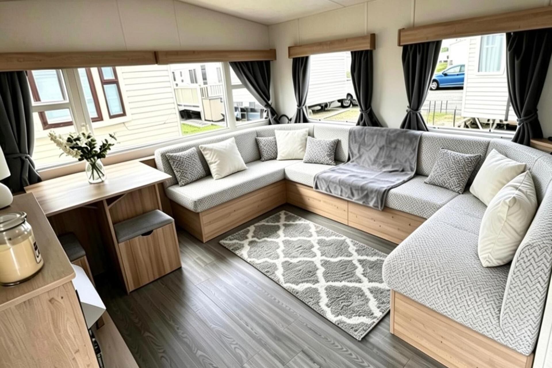 Ein gemütliches Wohnmobil-Interieur mit einer Eckcouch, einem kleinen Tisch und einem Teppich.