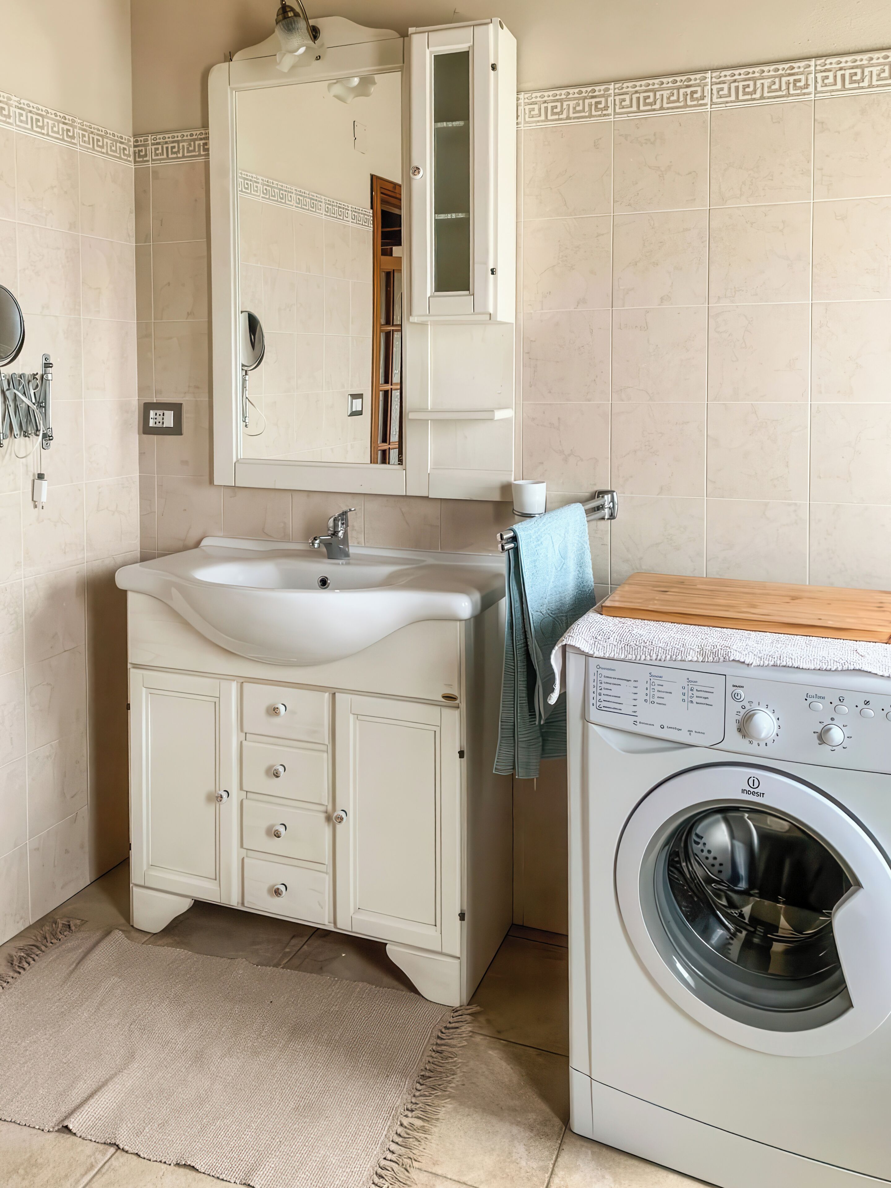 A bathroom with a sink, mirror, cabinet, and a front-loading washing machine.