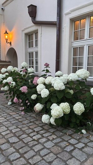 A building with a brick pathway, white windows, and a wall-mounted light fixture.