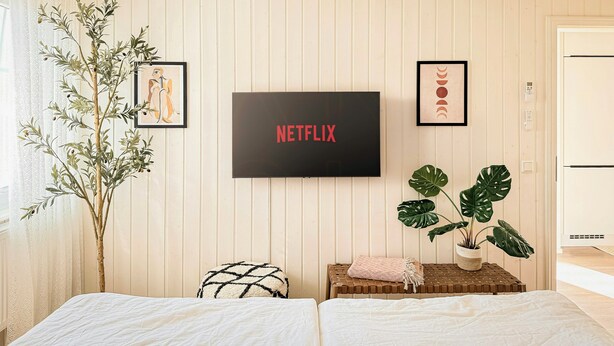 A bedroom with a bed, a wall-mounted TV, and a potted plant. - Design retreat with sauna near Berlin (Wandlitz)