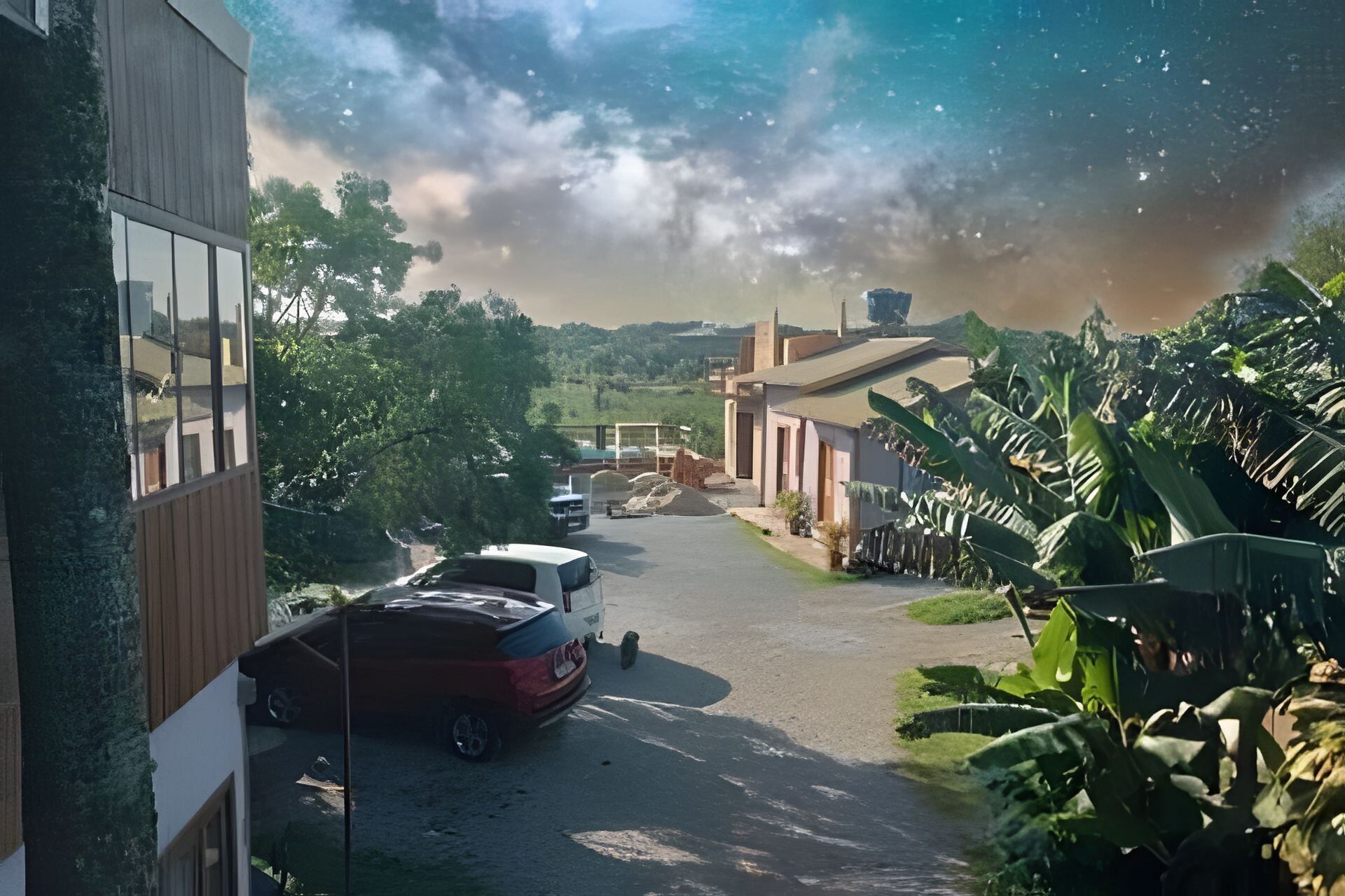 A residential street with houses, parked cars, and lush greenery.
