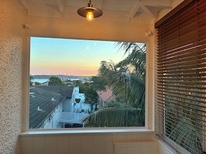 A room with a large window overlooking a residential area, a ceiling light, and a wooden blind.