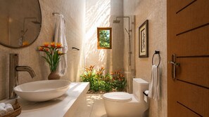 Regadera, secadora de cabello, toallas, papel de baño