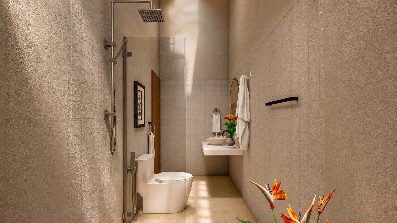 A modern bathroom with a toilet, sink, and shower area.