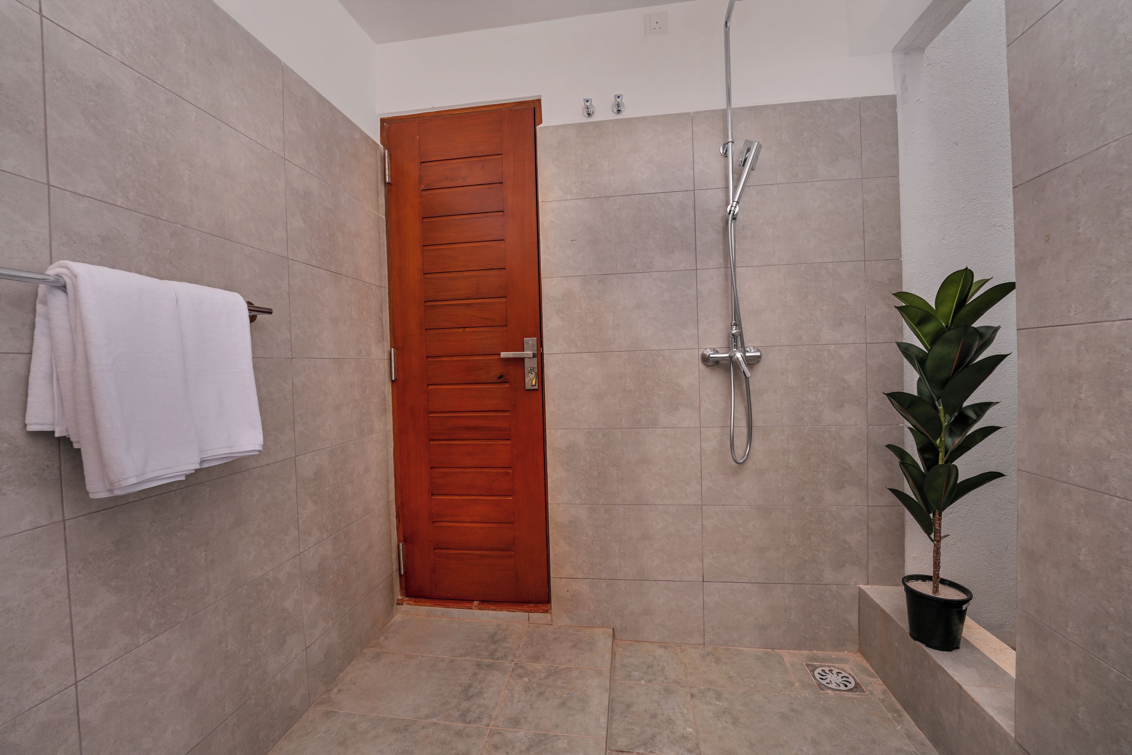 Un baño con puerta de madera, ducha, toallero con toallas blancas y una planta en maceta.