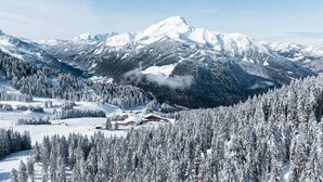 Een besneeuwd berglandschap met een chalet en een bebost gebied.