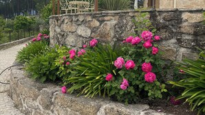 A stone wall with a metal railing, pink flowers, and a stone building with a tiled roof.