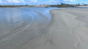 A beach with clear water, footprints, and a distant shoreline with buildings. - Water Front 1 bedroom house on tranquil Smith Island (Smith Island)