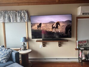 A living room with a mounted television displaying a horse scene, a sofa, a small table with a lamp, and a bookshelf with books and a Monopoly game. - Water Front 1 bedroom house on tranquil Smith Island (Smith Island)
