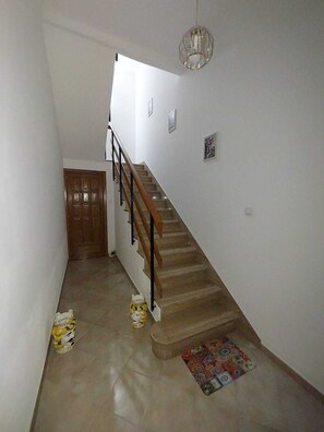 Eine Treppe mit einem Holnlauf und einem gemusterten Teppich am Fuß.