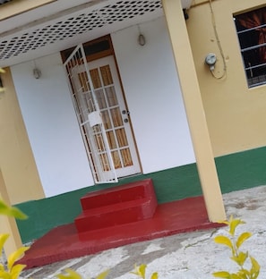 A building entrance with a white door, a metal gate, and a set of red steps leading up to the door.