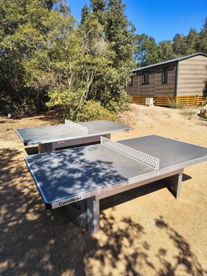 Two ping pong tables labeled 'Cornilleau' in an outdoor setting with trees and a wooden building in the background.