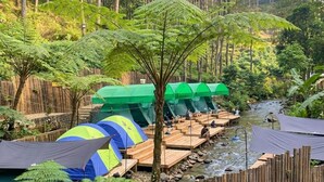 Um camping com várias tendas e plataformas de madeira ao longo de um rio, cercado por floresta densa.