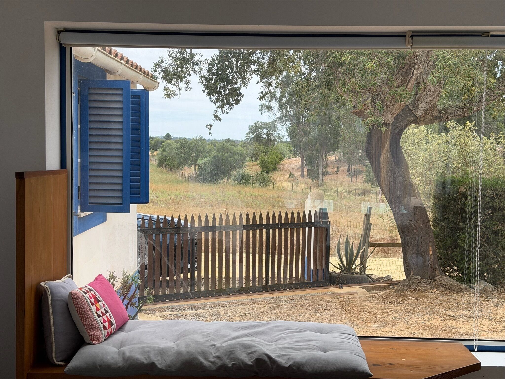 Habitació amb una finestra gran, una panxa de fusta amb coixins i vista a una zona exterior tancada amb arbres.