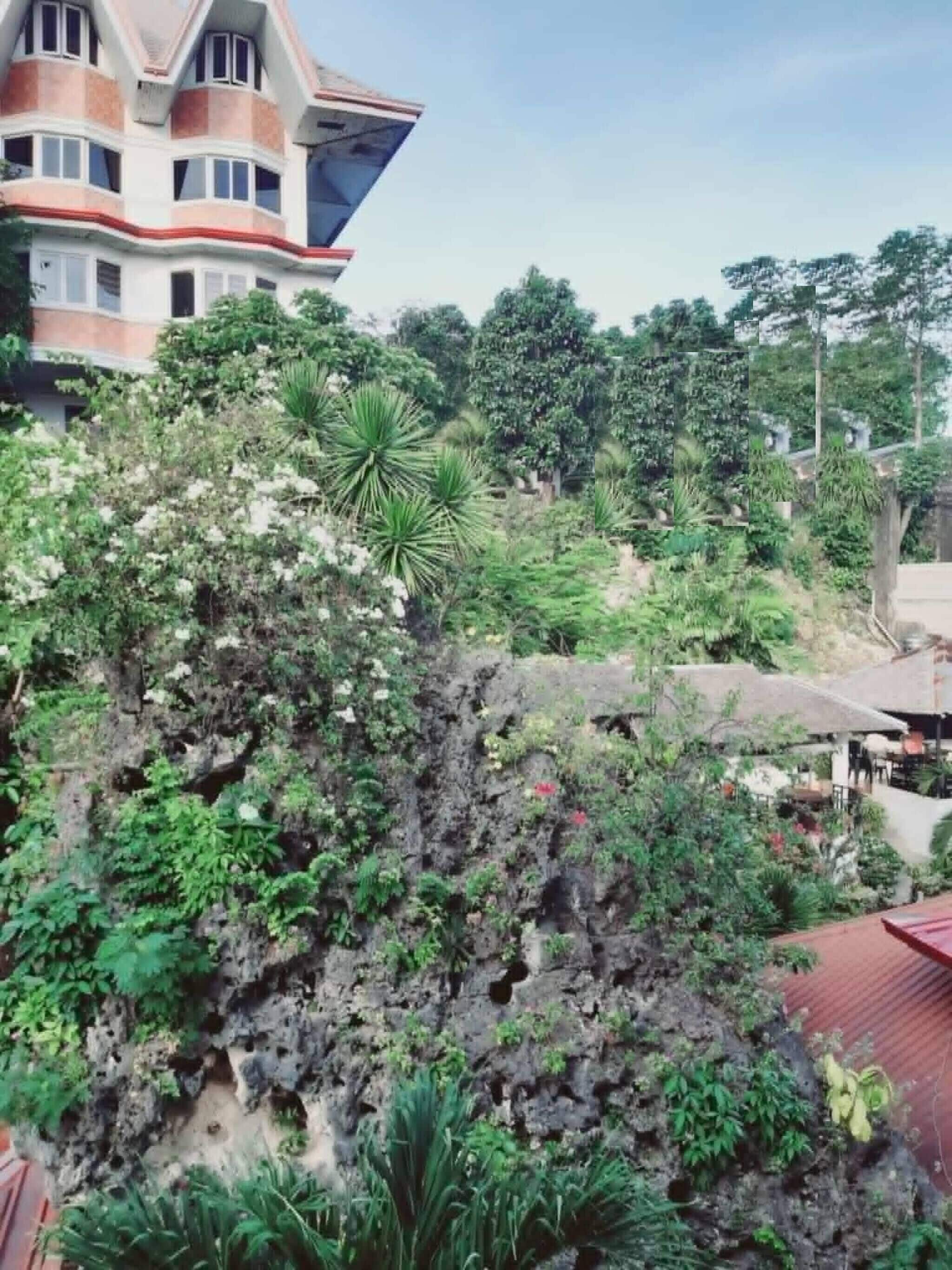 A multi-story building with a sloped roof, surrounded by dense vegetation and a rocky terrain.