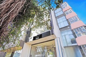 Un edificio moderno con fachada de vidrio, un letrero que dice 'Collection' y un árbol con follaje denso en primer plano.