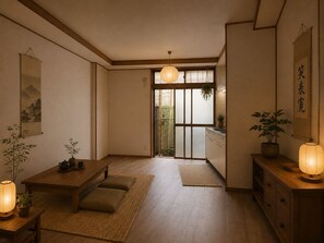 A traditional Japanese room with tatami flooring, a low wooden table, a hanging paper lantern, and a sliding door leading to a balcony. - Spacious 4-Bedroom, 2-Bathroom House Near Kyoto: Nintendo Museum & Torii Gates (Uji)