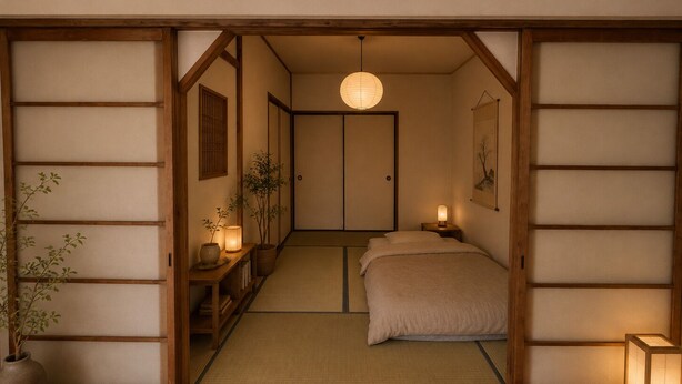 Um quarto tradicional em estilo japonês, com piso de tatame, cama de madeira baixa, um lanterna de papel pendurada e uma pequena mesa com luminária.